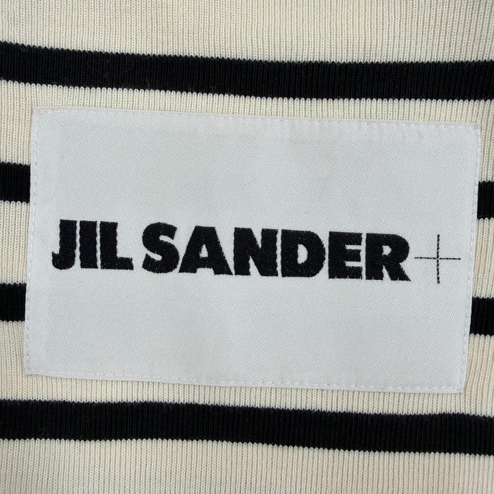美品☆JIL SANDER+ ジルサンダープラス JPPU707524 コットン100％ ロゴ入り ボーダー柄 半袖 トップス アイボリー ブラック L レディース