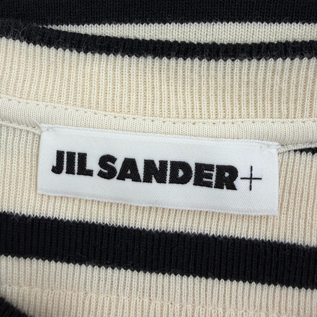 美品☆JIL SANDER+ ジルサンダープラス JPPU707524 コットン100％ ロゴ入り ボーダー柄 半袖 トップス アイボリー ブラック L レディース