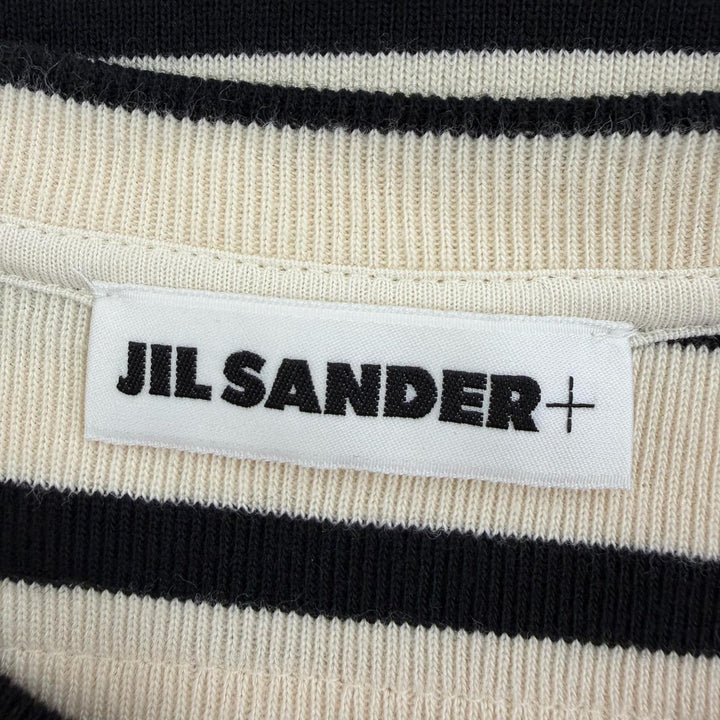 美品☆JIL SANDER+ ジルサンダープラス JPPU707524 コットン100％ ロゴ入り ボーダー柄 半袖 トップス アイボリー ブラック L レディース