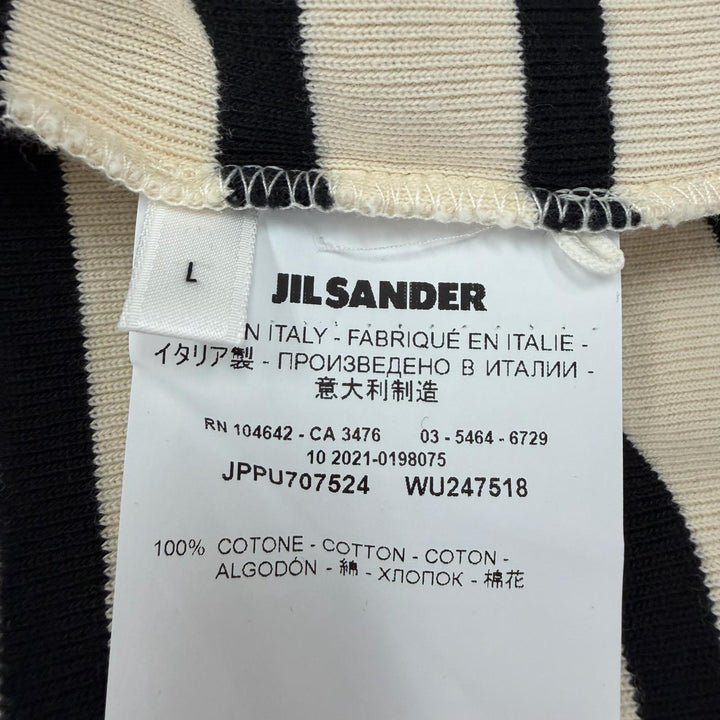 美品☆JIL SANDER+ ジルサンダープラス JPPU707524 コットン100％ ロゴ入り ボーダー柄 半袖 トップス アイボリー ブラック L レディース
