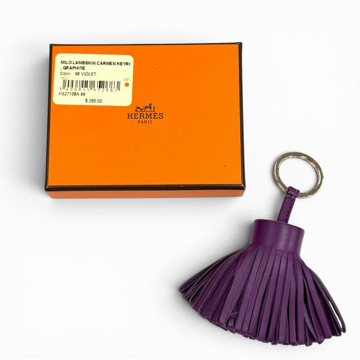 美品★HERMES エルメス カルメン ヴァイオレット シルバー金具 タッセル レザー バッグチャーム キーホルダー フランス製 箱付き