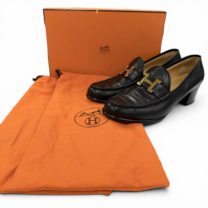 美品☆HERMES エルメス コンスタンス ゴールド金具 Hロゴ金具 レザー ローファー ブラック 38.5 イタリア製 レディース 箱・保存袋付き