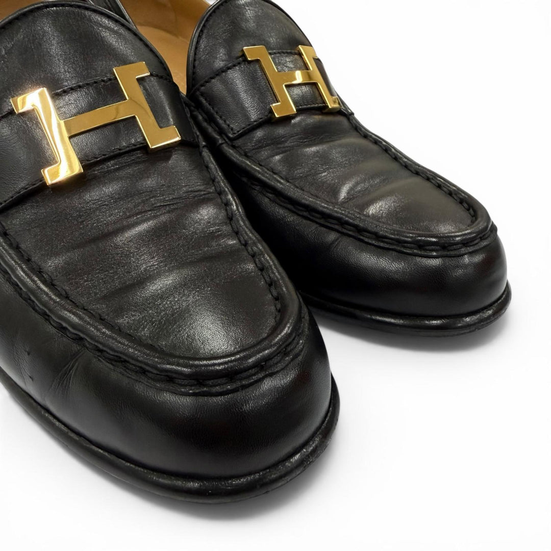 美品☆HERMES エルメス コンスタンス ゴールド金具 Hロゴ金具 レザー ローファー ブラック 38.5 イタリア製 レディース 箱・保存袋付き