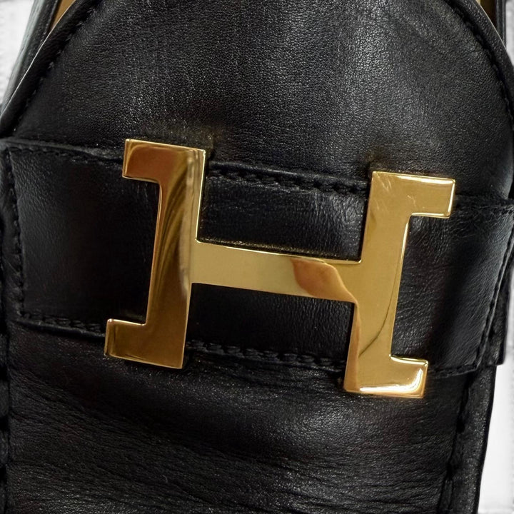 美品☆HERMES エルメス コンスタンス ゴールド金具 Hロゴ金具 レザー ローファー ブラック 38.5 イタリア製 レディース 箱・保存袋付き