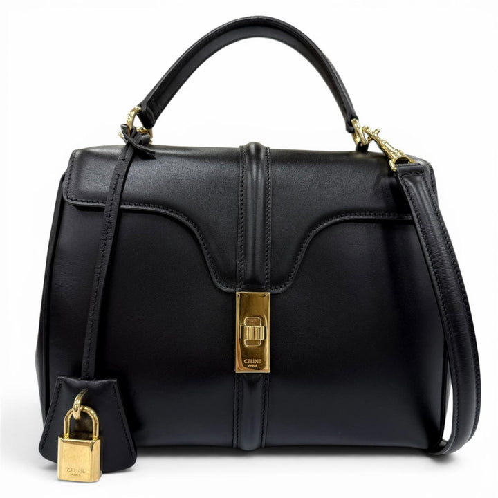 美品☆CELINE セリーヌ スモール 16 セーズ サチネイテッドカーフスキン 2WAY ハンドバッグ ショルダーバッグ ブラック 定価616000円