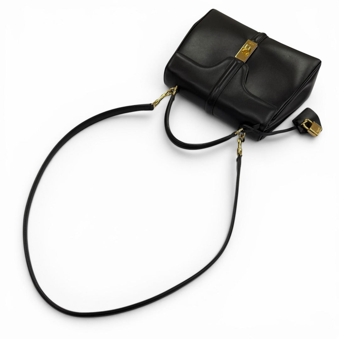 美品☆CELINE セリーヌ スモール 16 セーズ サチネイテッドカーフスキン 2WAY ハンドバッグ ショルダーバッグ ブラック 定価616000円