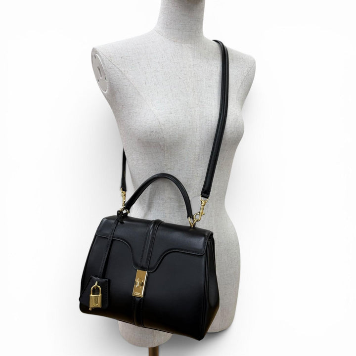 美品☆CELINE セリーヌ スモール 16 セーズ サチネイテッドカーフスキン 2WAY ハンドバッグ ショルダーバッグ ブラック 定価616000円