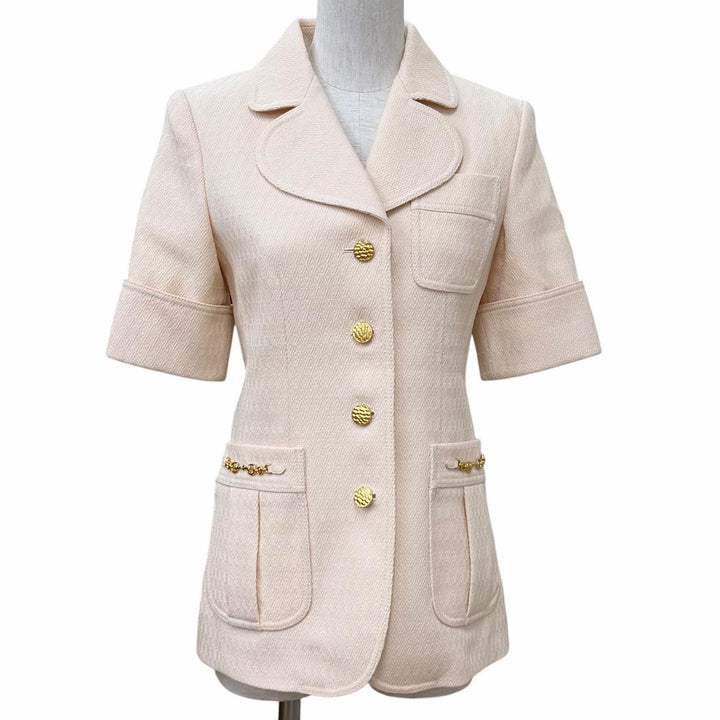 未使用品★GUCCI グッチ 643288 ウール100% ホースビット レザー使い 総柄 半袖 ジャケット ベージュ 38 イタリア製 正規品 ハンガー付き