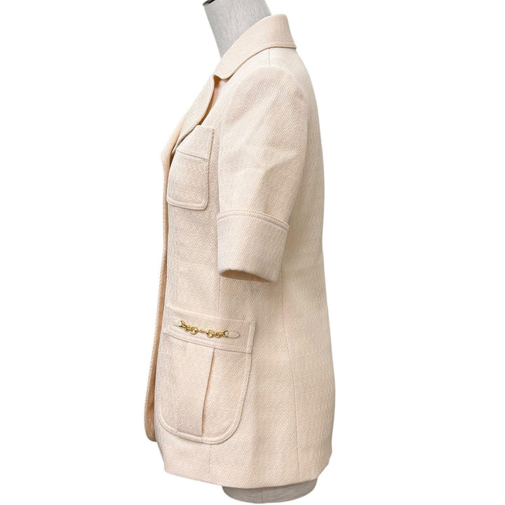 未使用品★GUCCI グッチ 643288 ウール100% ホースビット レザー使い 総柄 半袖 ジャケット ベージュ 38 イタリア製 正規品 ハンガー付き
