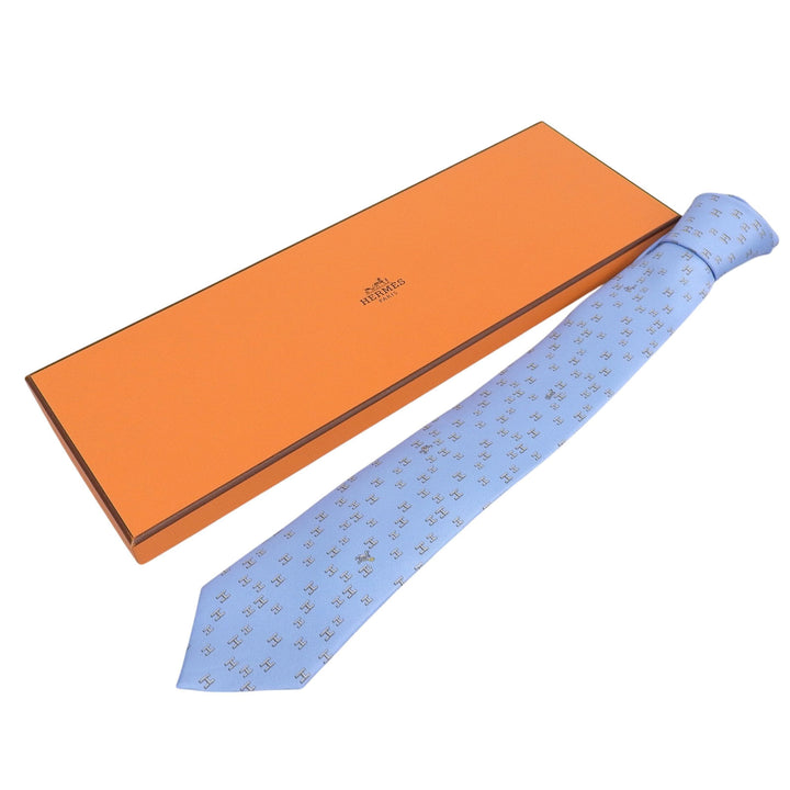 極美品▲HERMES エルメス 6349HA シルク100% H総柄 ラビット スポーツ 表彰台 ネクタイ ライトブルー グレー フランス製 メンズ 箱付き