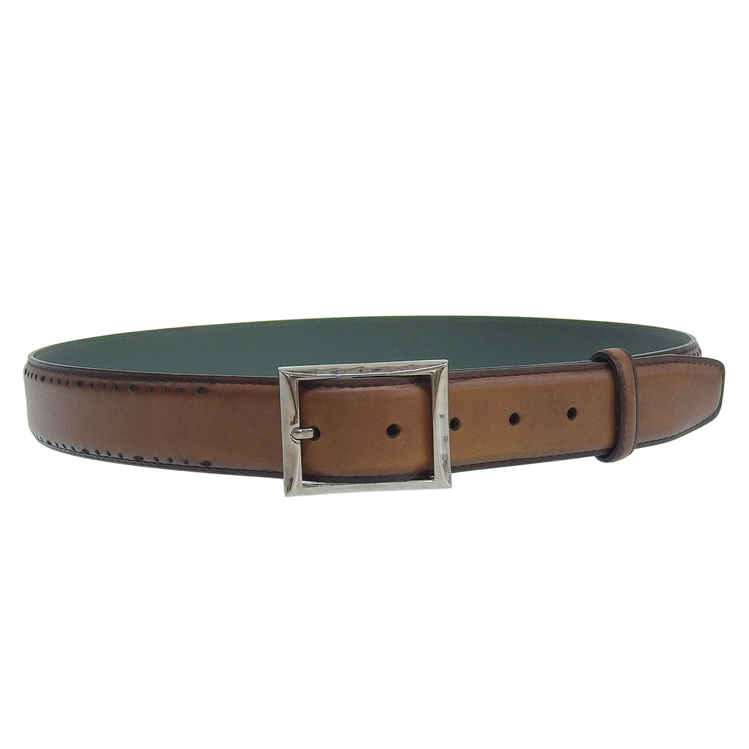 【ドンドン見直し】極美品▲Berluti ベルルッティ スクエアピンバックル レザーベルト ブラウン グリーン シルバー金具 メンズ ビジネス