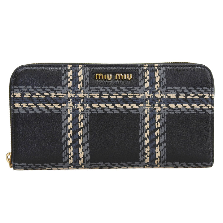 極美品▲MIUMIU ミュウミュウ 5ML506 MADRAS ST.CHECK レザー ラウンドファスナー ロングウォレット 長財布 ブラック グレー ピンク 箱付
