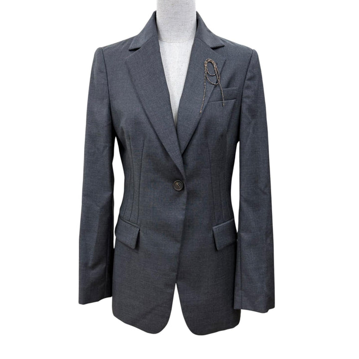 美品☆Brunello Cucinelli ブルネロクチネリ バージンウール100％ モニーレ・ピンバッチ付 テーラードジャケット グレー 38 伊製 正規品