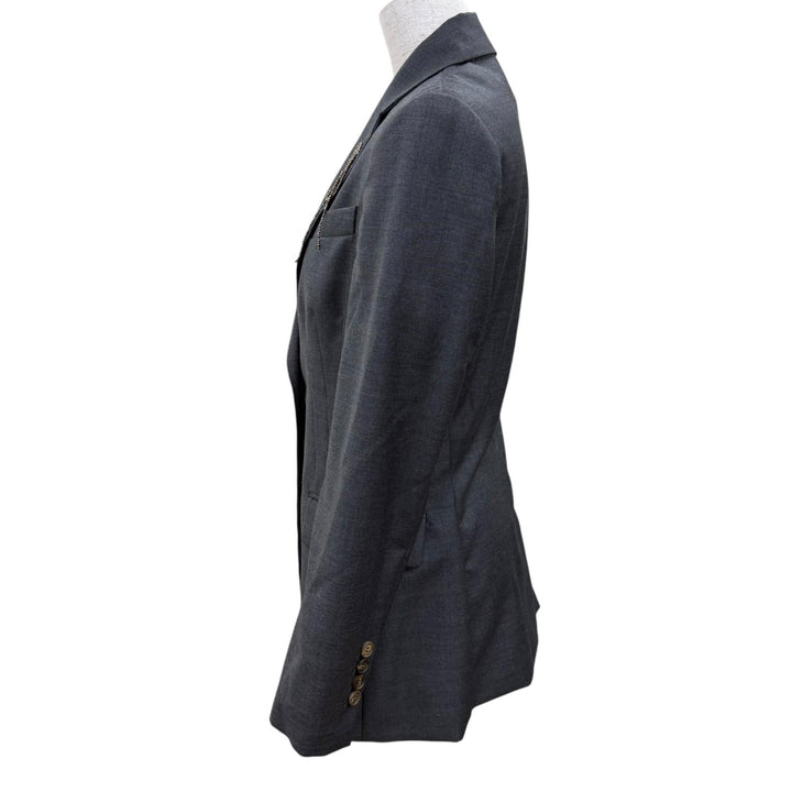 美品☆Brunello Cucinelli ブルネロクチネリ バージンウール100％ モニーレ・ピンバッチ付 テーラードジャケット グレー 38 伊製 正規品