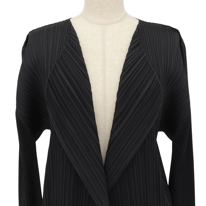 極美品▲PLEATS PLEASE プリーツプリーズ イッセイミヤケ PP53-JA141 フロントオープン ロング丈 カーディガン 黒 4 正規品 レディース
