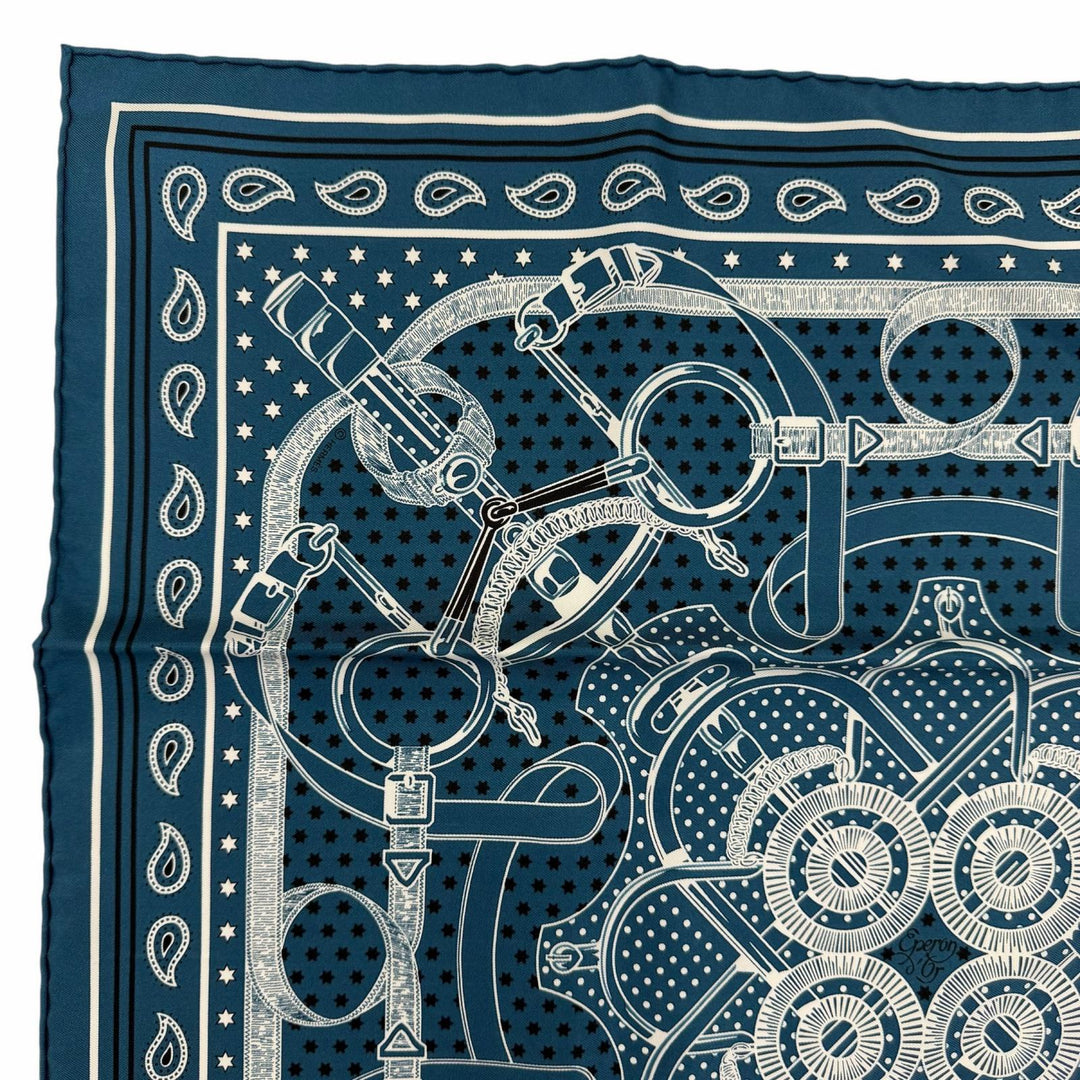 極美品☆HERMES エルメス カレ55 エプロン・ドール・バンダナ シルク100％ スカーフ ブルー系 フランス製 レディース 箱付き