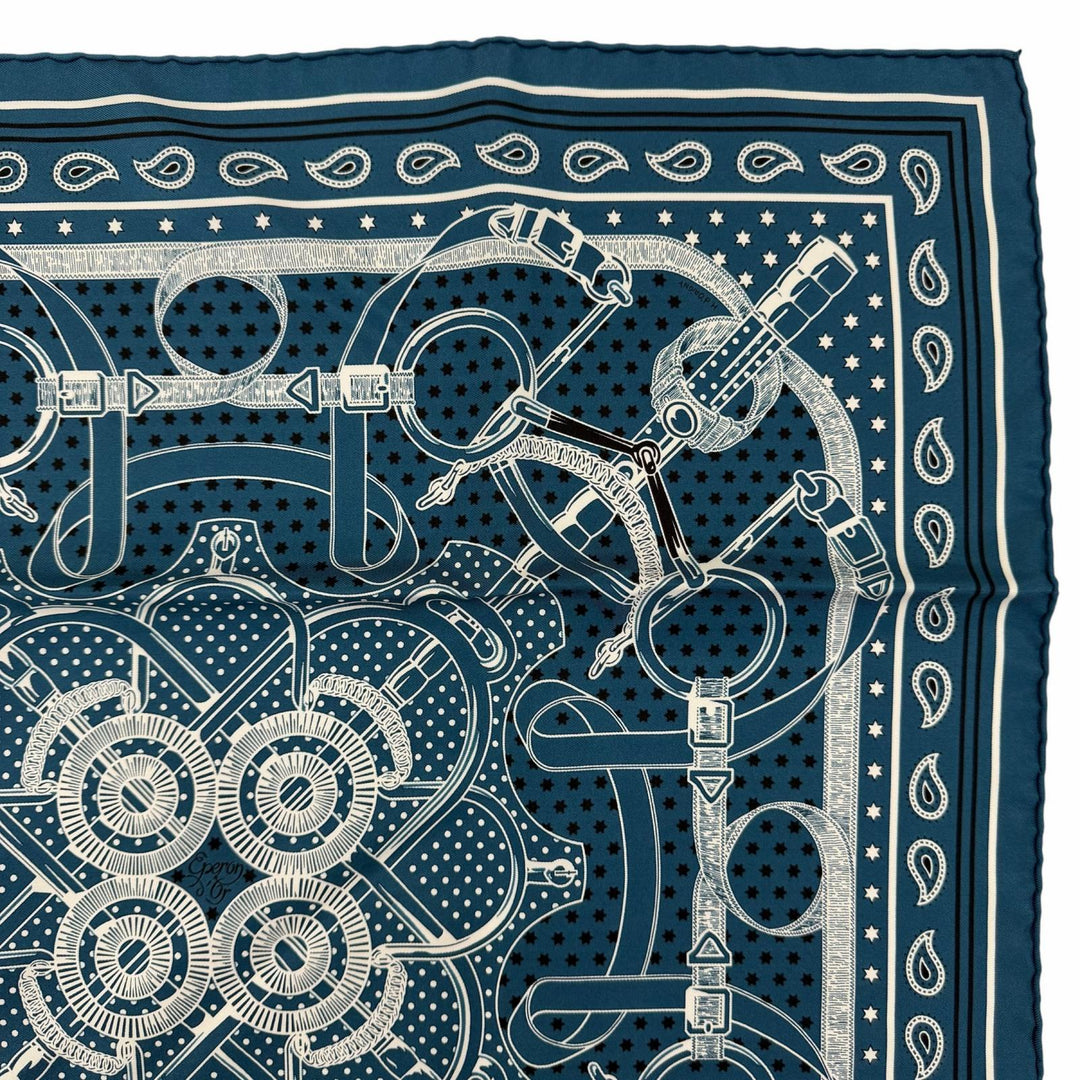 極美品☆HERMES エルメス カレ55 エプロン・ドール・バンダナ シルク100％ スカーフ ブルー系 フランス製 レディース 箱付き