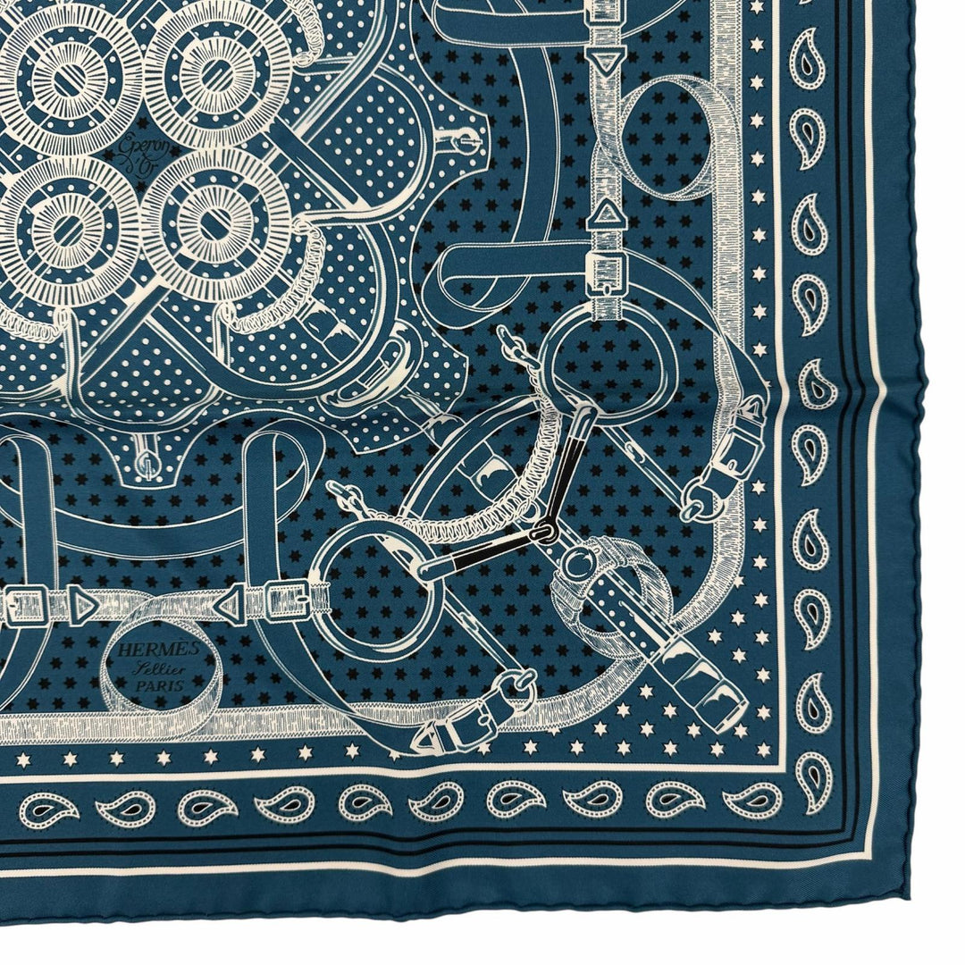 極美品☆HERMES エルメス カレ55 エプロン・ドール・バンダナ シルク100％ スカーフ ブルー系 フランス製 レディース 箱付き