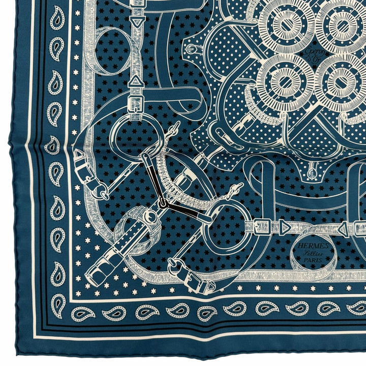 極美品☆HERMES エルメス カレ55 エプロン・ドール・バンダナ シルク100％ スカーフ ブルー系 フランス製 レディース 箱付き