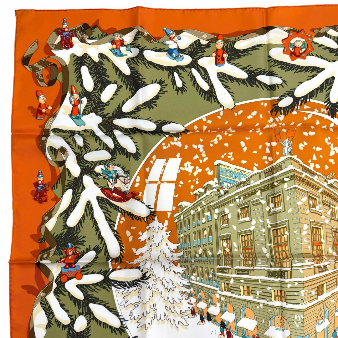 未使用品★エルメス カレ90 Noel au 24 Faubourg フォーブル24番地のクリスマス シルク100％ POTIRON/VERT AMANDE/CORAIL スカーフ