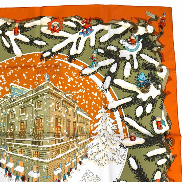 未使用品★エルメス カレ90 Noel au 24 Faubourg フォーブル24番地のクリスマス シルク100％ POTIRON/VERT AMANDE/CORAIL スカーフ