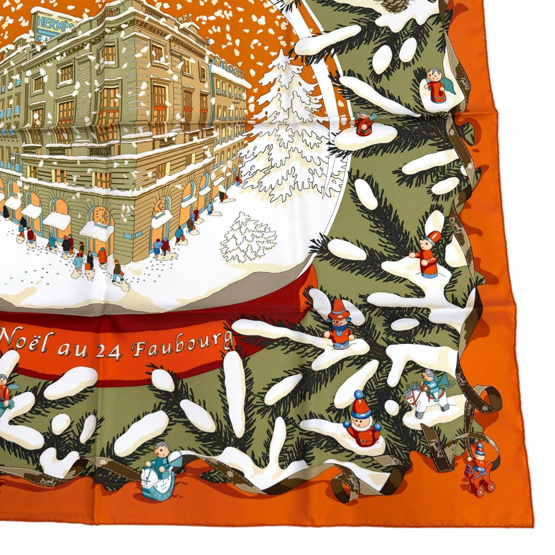 未使用品★エルメス カレ90 Noel au 24 Faubourg フォーブル24番地のクリスマス シルク100％ POTIRON/VERT AMANDE/CORAIL スカーフ