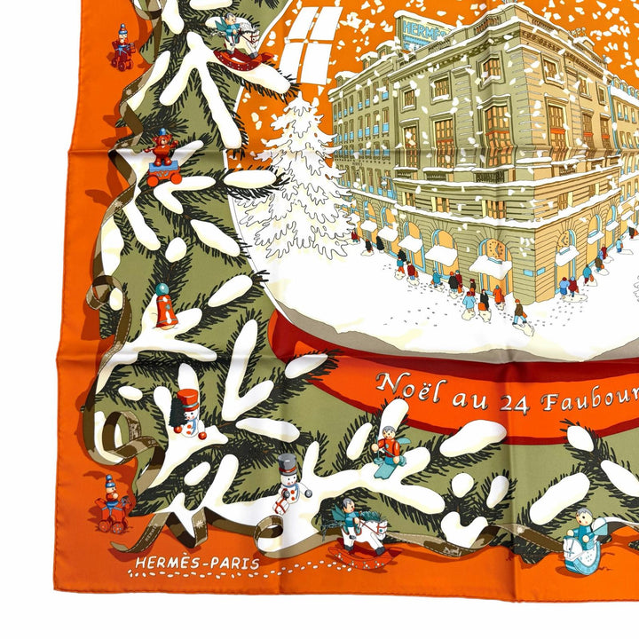 未使用品★エルメス カレ90 Noel au 24 Faubourg フォーブル24番地のクリスマス シルク100％ POTIRON/VERT AMANDE/CORAIL スカーフ