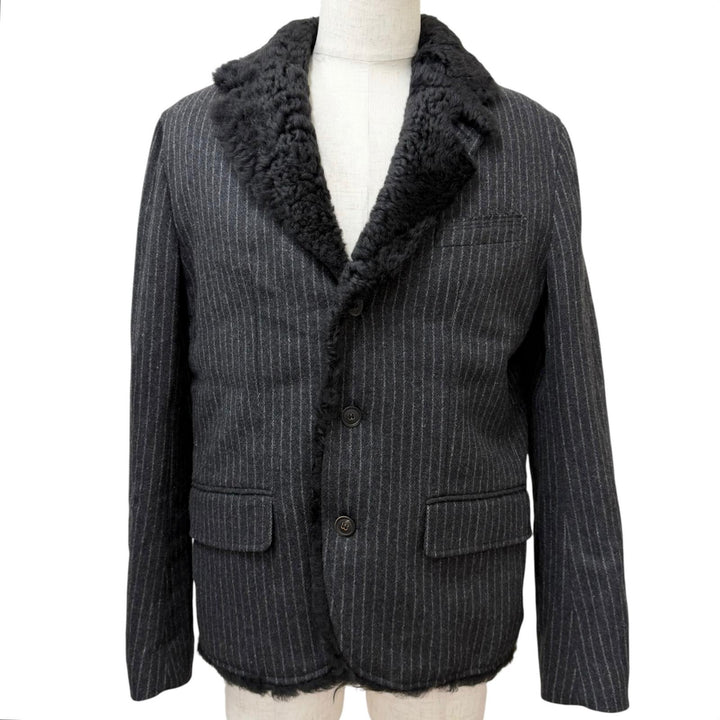 極美品□DOLCE&amp;GABBANA ドルチェ＆ガッバーナ 黒タグ ストライプ柄 テーラードタイプ ムートンジャケット グレー 50 イタリア製 正規品