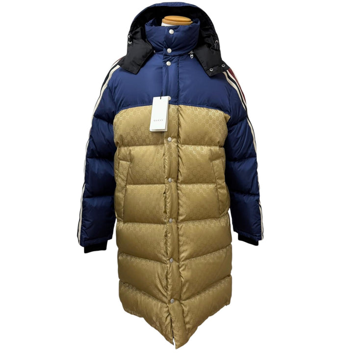 未使用品□GUCCI グッチ 590744 ロゴ総柄 サイドライン フーデッド ダウンコート ベージュ ネイビー レッド 44 イタリア製 正規品 メンズ