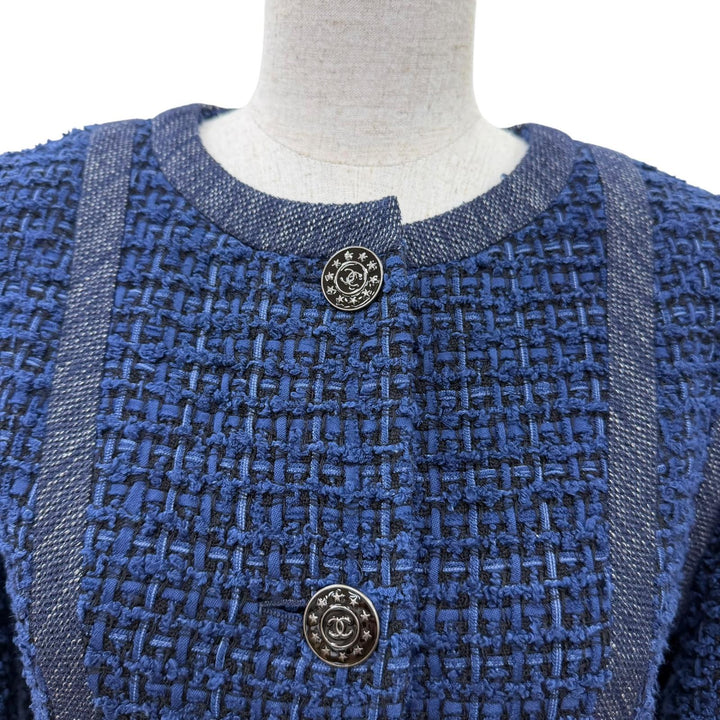 極美品☆CHANEL シャネル P45580 ココマークボタン ツイードジャケット ノーカラージャケット ネイビー 36 フランス製 正規品 レディース