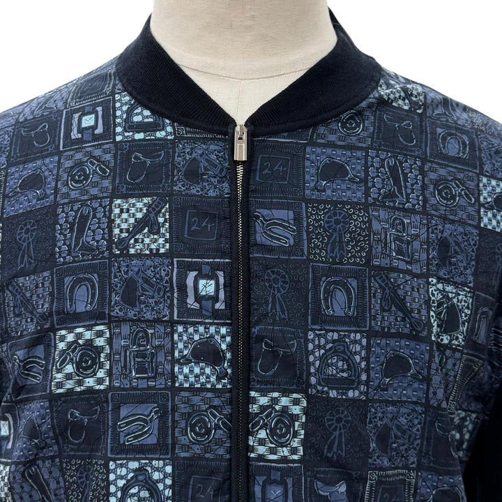 良品▼HERMES エルメス コットン100% ニット 総柄切り替え ジップアップ ブルゾン ジャケット ネイビー XL イタリア製 メンズ
