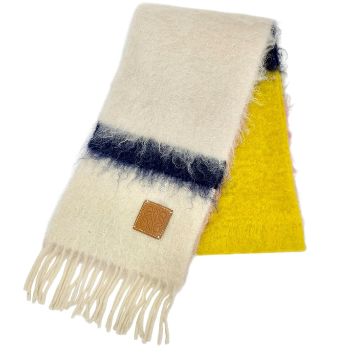 美品△LOEWE ロエベ ウール モヘア アナグラムレザーパッチ ボーダー フリンジ ロング マフラー アイボリー マルチカラー 正規品
