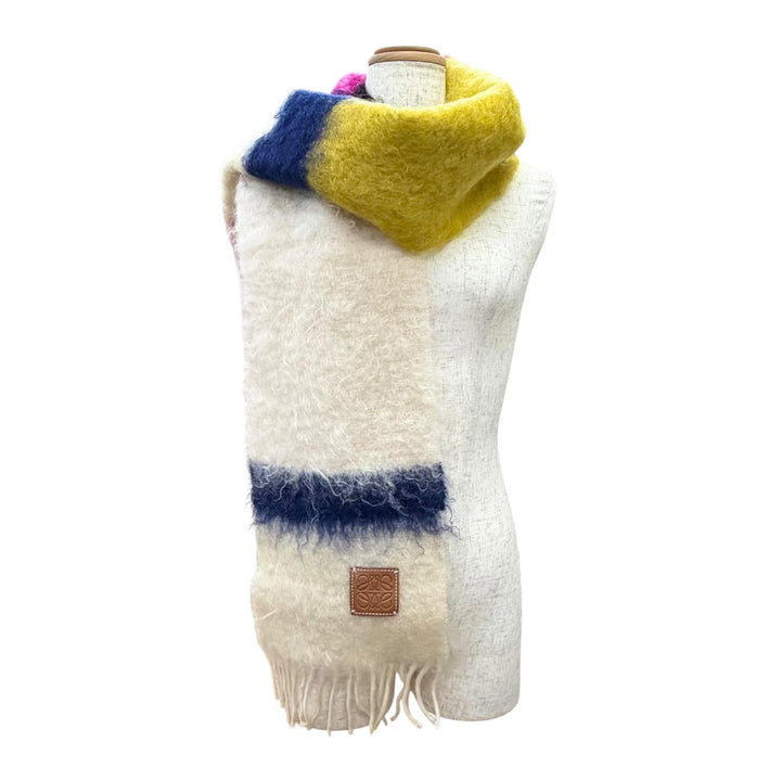 美品△LOEWE ロエベ ウール モヘア アナグラムレザーパッチ ボーダー フリンジ ロング マフラー アイボリー マルチカラー 正規品