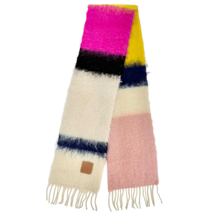 美品△LOEWE ロエベ ウール モヘア アナグラムレザーパッチ ボーダー フリンジ ロング マフラー アイボリー マルチカラー 正規品