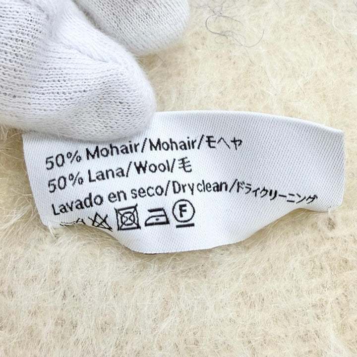 美品△LOEWE ロエベ ウール モヘア アナグラムレザーパッチ ボーダー フリンジ ロング マフラー アイボリー マルチカラー 正規品