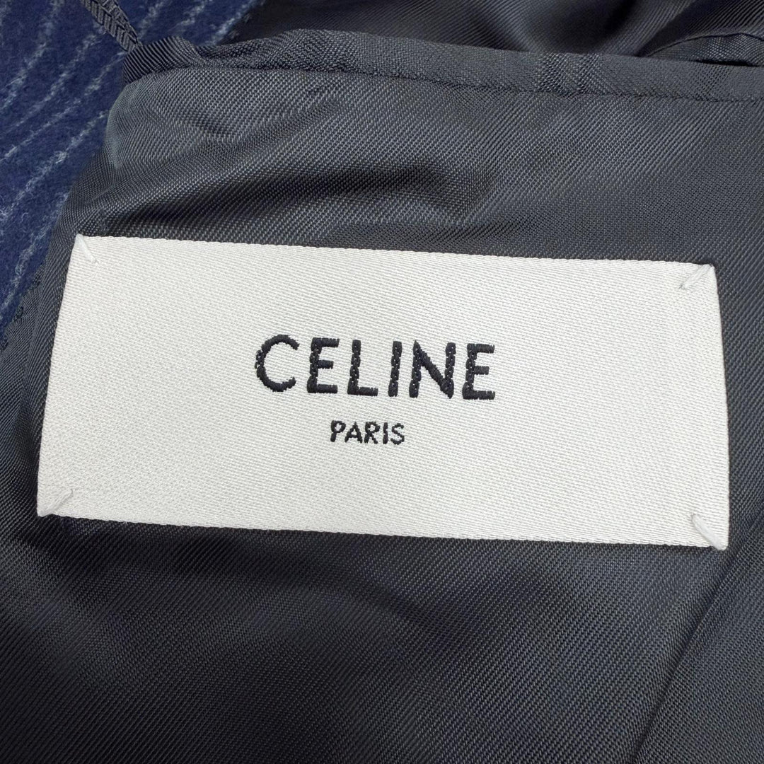 未使用品☆CELINE セリーヌ 2V98E920C ウール100％ ストライプ柄 ピークドラペル ダブル テーラードジャケット ネイビー 34 正規品