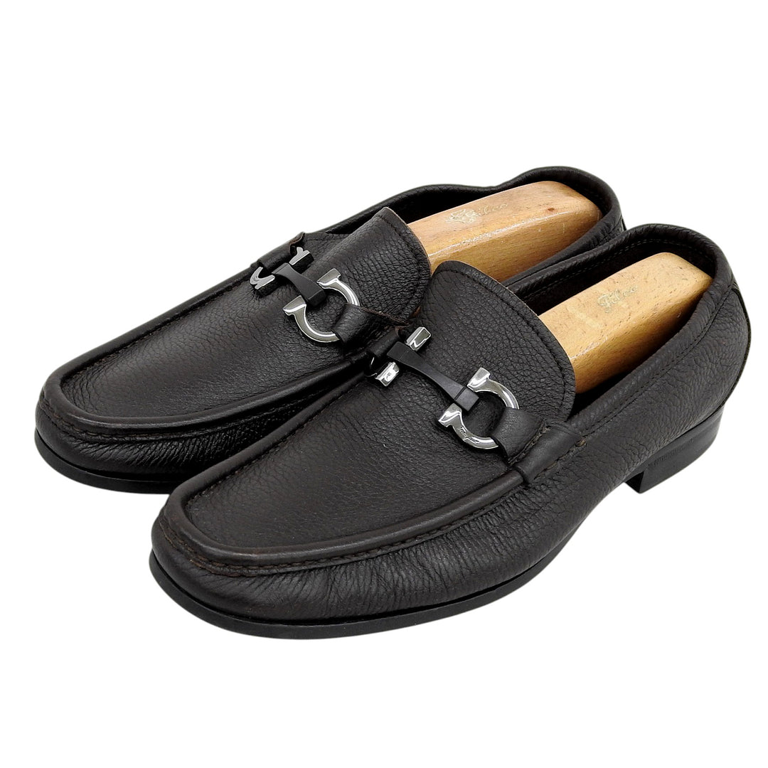 【ドンドン見直し】美品▲Salvatore Ferragamo サルヴァトーレフェラガモ ダブルガンチーニ Uモカ レザー ローファー 7.5 伊製 メンズ