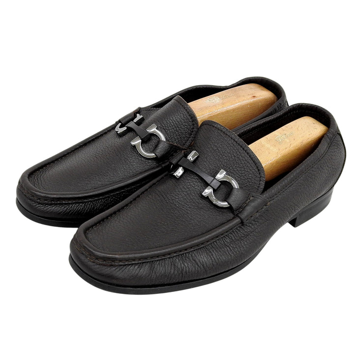 【ドンドン見直し】美品▲Salvatore Ferragamo サルヴァトーレフェラガモ ダブルガンチーニ Uモカ レザー ローファー 7.5 伊製 メンズ