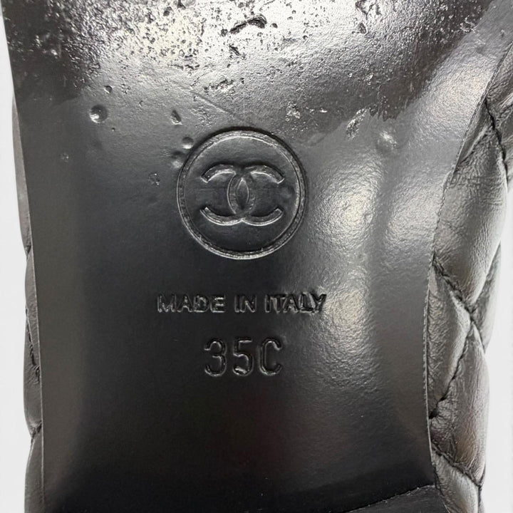 美品△CHANEL シャネル G26250 ココマーク リボン マトラッセ レザー フラット パンプス ブラック 35 伊製 レディース 箱・保存袋付き