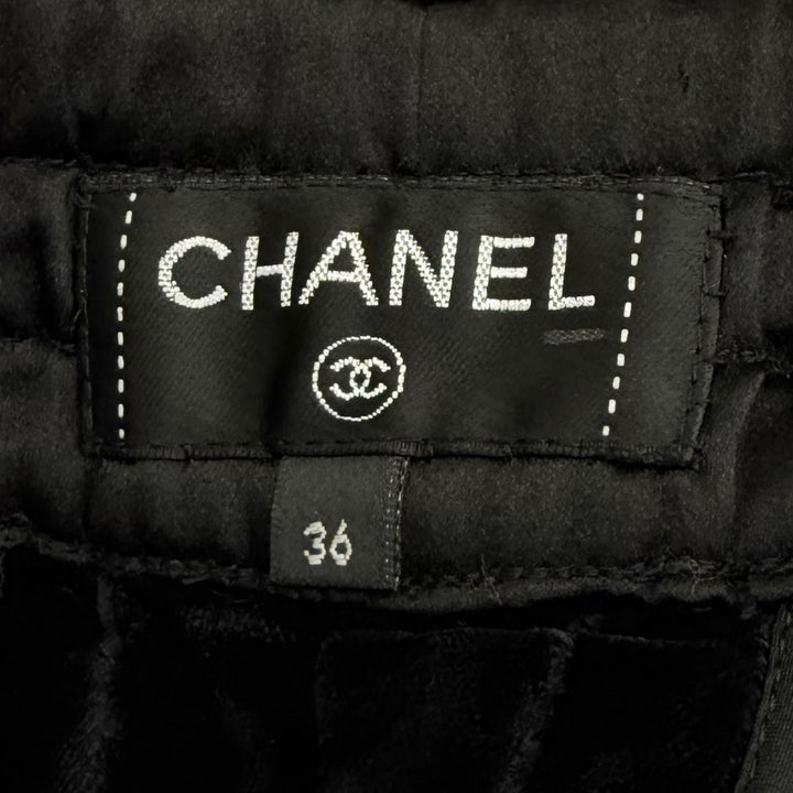 極美品★CHANEL シャネル P65296 シルク混 ココマーク サイドライン ベロア パンツ ボトムス ブラック 36 フランス製 正規品 レディース