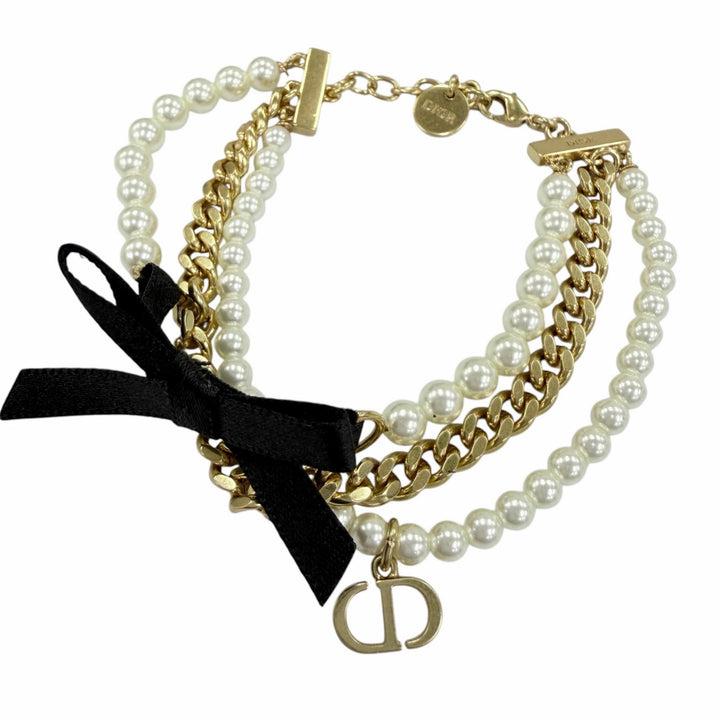 美品☆Christian Dior クリスチャンディオール モンテーニュ30 トロントリボン ロゴ金具 フェイクパール ブレスレット ゴールド系