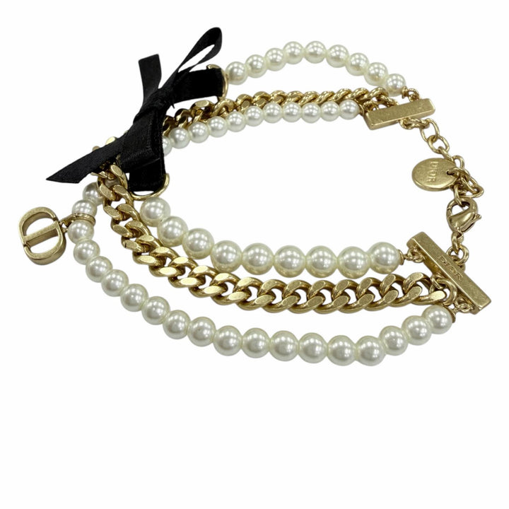 美品☆Christian Dior クリスチャンディオール モンテーニュ30 トロントリボン ロゴ金具 フェイクパール ブレスレット ゴールド系