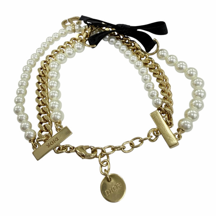 美品☆Christian Dior クリスチャンディオール モンテーニュ30 トロントリボン ロゴ金具 フェイクパール ブレスレット ゴールド系