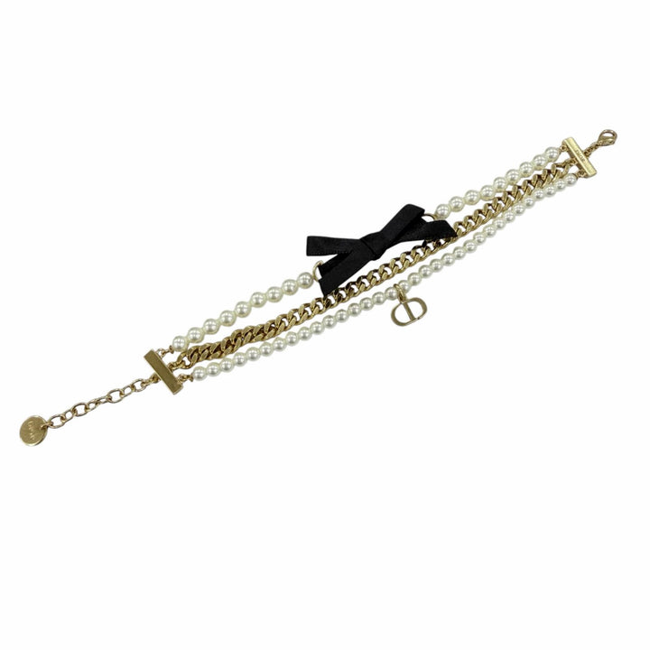 美品☆Christian Dior クリスチャンディオール モンテーニュ30 トロントリボン ロゴ金具 フェイクパール ブレスレット ゴールド系