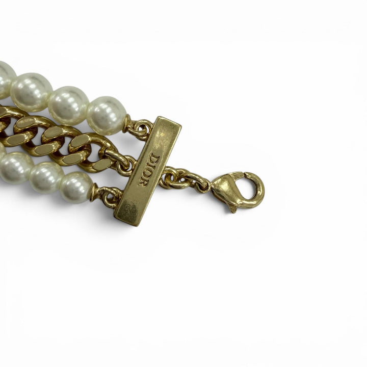 美品☆Christian Dior クリスチャンディオール モンテーニュ30 トロントリボン ロゴ金具 フェイクパール ブレスレット ゴールド系