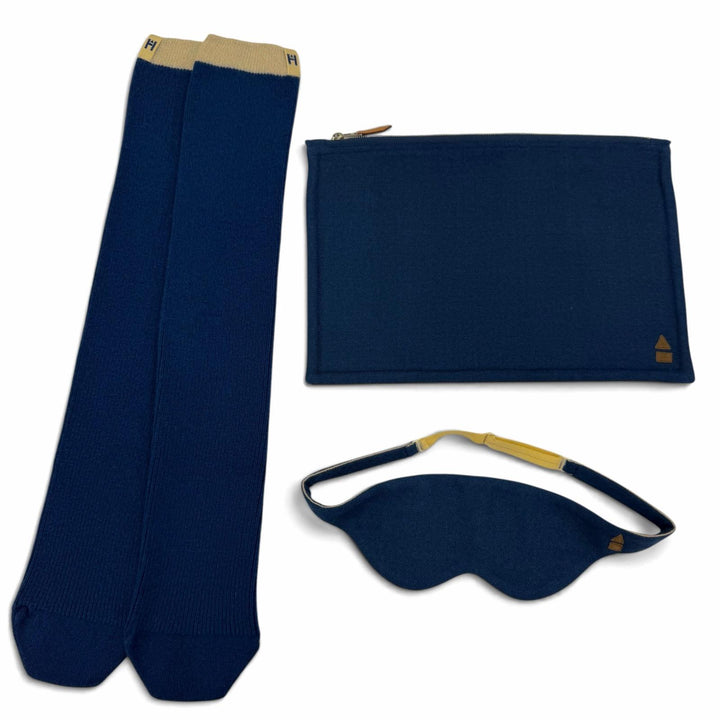 未使用品☆HERMES エルメス カシミヤ100％ トラベラー3 アイマスク・ルームソックス・ポーチセット ネイビー レディース 箱付き