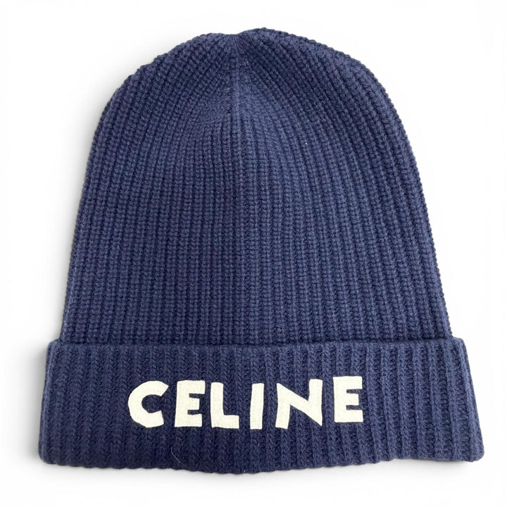 未使用品△CELINE セリーヌ 2A25R423P ウール100% ロゴ ニット帽 ニットキャップ ネイビー 帽子 ホワイト 伊製 正規品 レディース メンズ