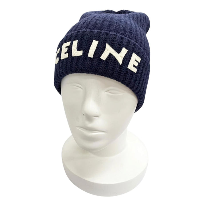 未使用品△CELINE セリーヌ 2A25R423P ウール100% ロゴ ニット帽 ニットキャップ ネイビー 帽子 ホワイト 伊製 正規品 レディース メンズ
