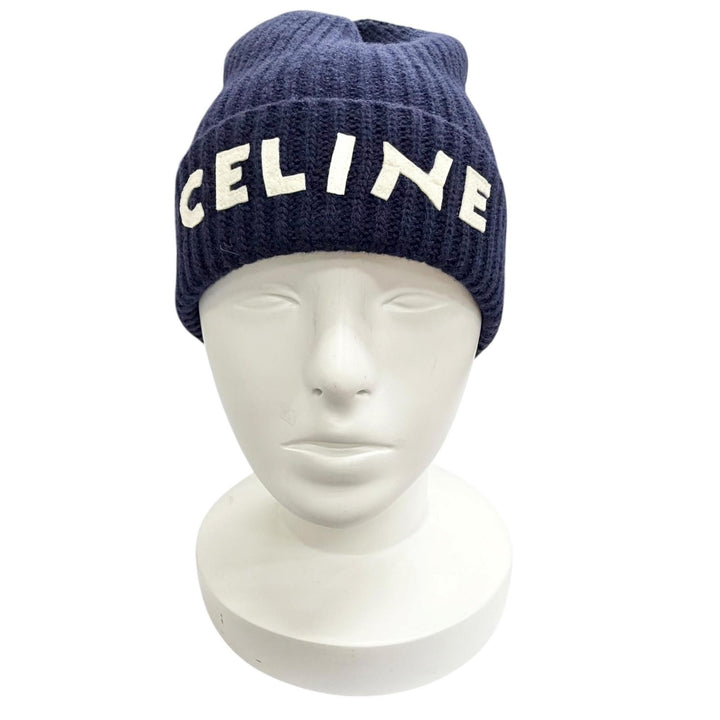 未使用品△CELINE セリーヌ 2A25R423P ウール100% ロゴ ニット帽 ニットキャップ ネイビー 帽子 ホワイト 伊製 正規品 レディース メンズ