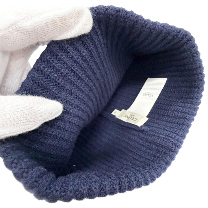 未使用品△CELINE セリーヌ 2A25R423P ウール100% ロゴ ニット帽 ニットキャップ ネイビー 帽子 ホワイト 伊製 正規品 レディース メンズ